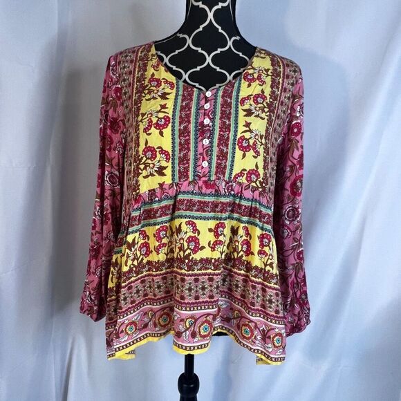 Coco + Carmen Colorful Floral Print Vneck Empire Waist Boho Blouse Size S/M - Picture 9 of 9